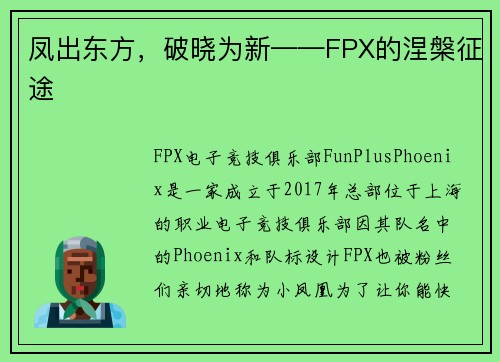 凤出东方，破晓为新——FPX的涅槃征途