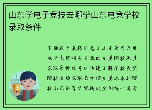 山东学电子竞技去哪学山东电竞学校录取条件